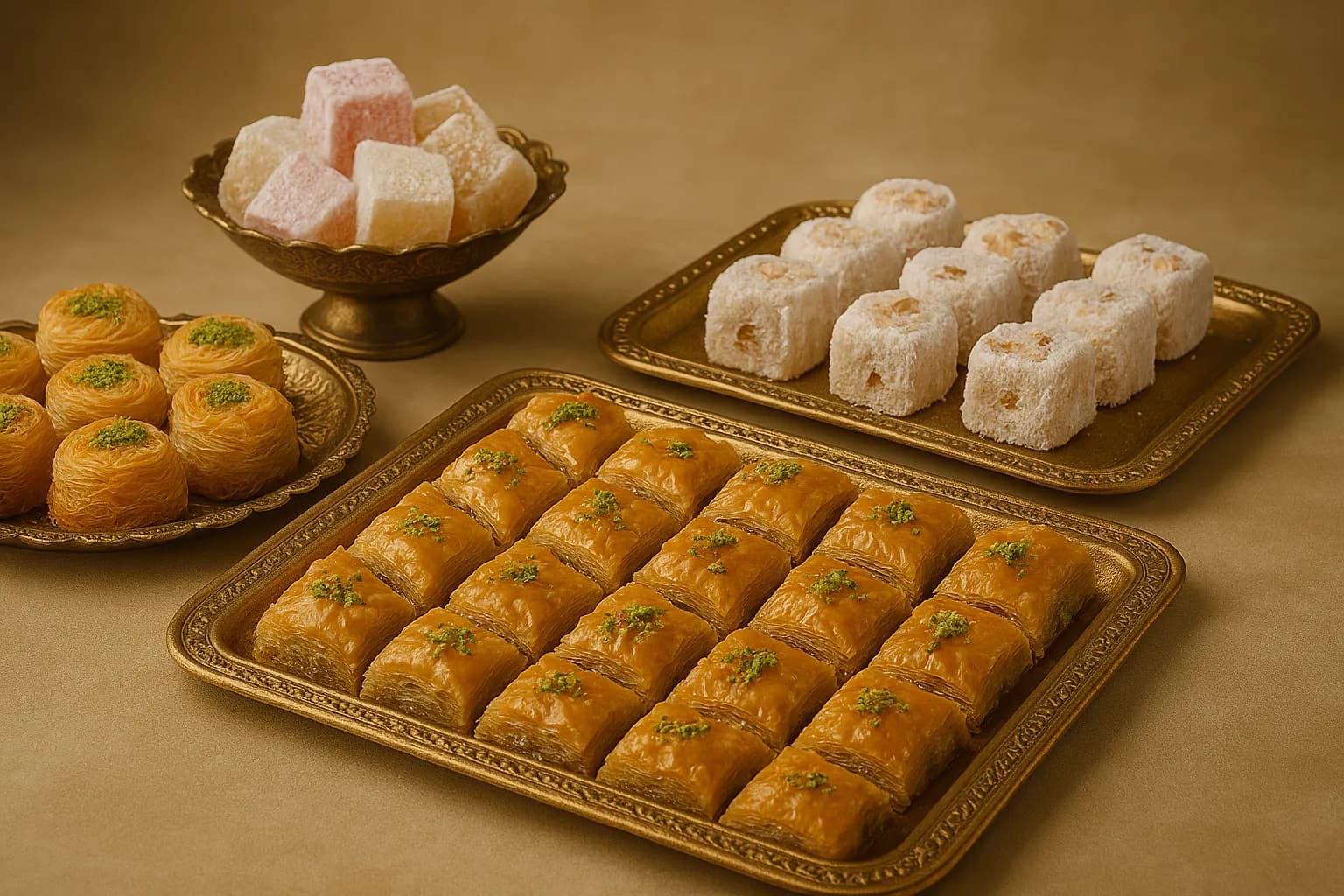 Një përzgjedhje e shijshme ëmbëlsirash tradicionale lindore, përfshirë bakllavanë, fole kadifije dhe llokumet, të paraqitura me elegancë në tabaka të arta — një shije e vërtetë ëmbëlsie nga Pastiçeri Lika.