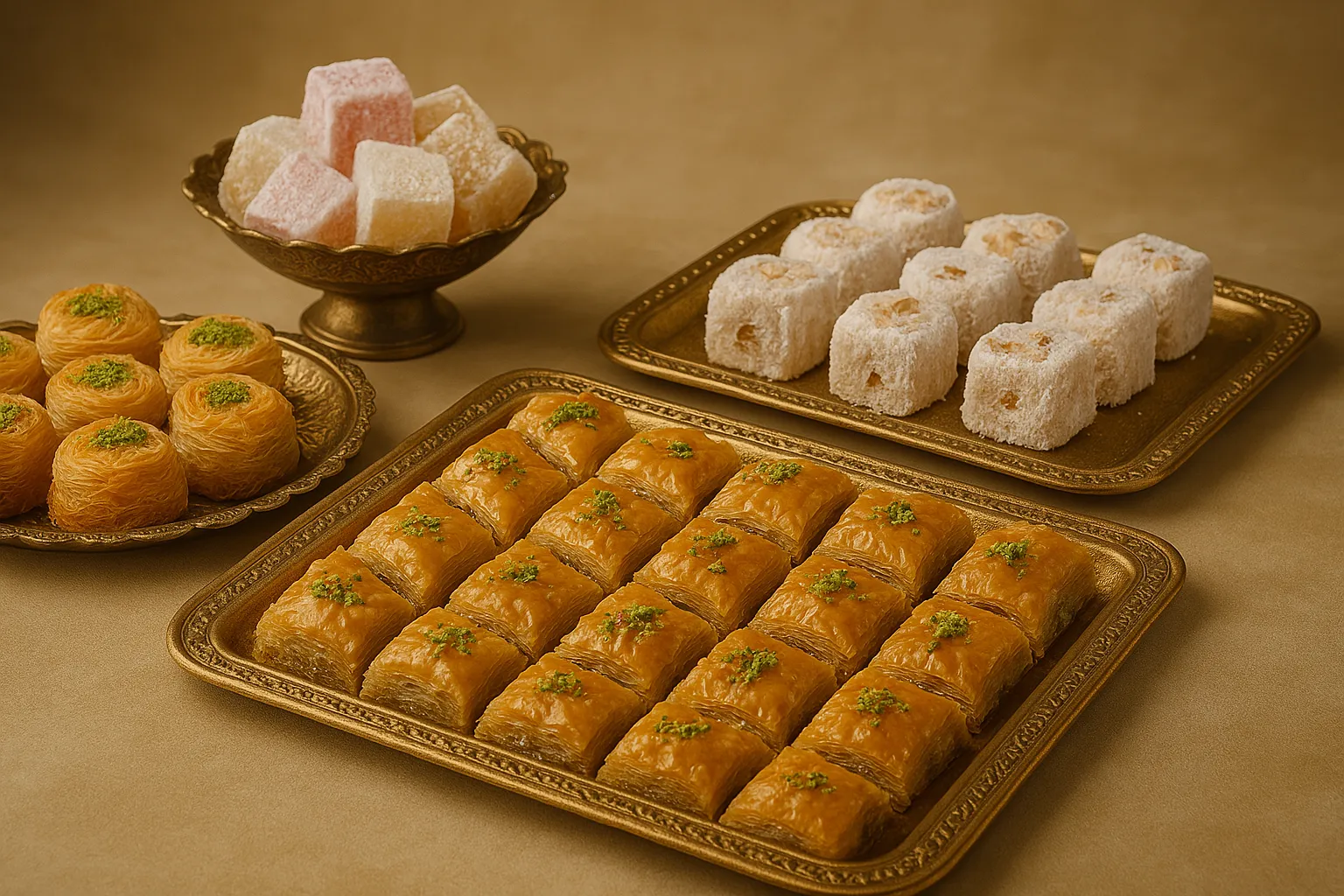 Një përzgjedhje e shijshme ëmbëlsirash tradicionale lindore, përfshirë bakllavanë, fole kadifije dhe llokumet, të paraqitura me elegancë në tabaka të arta — një shije e vërtetë ëmbëlsie nga Pastiçeri Lika.